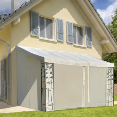 Anbau-Pergola, Pavillon 4 x 3 m mit Moskitonetzen | Grau/Creme