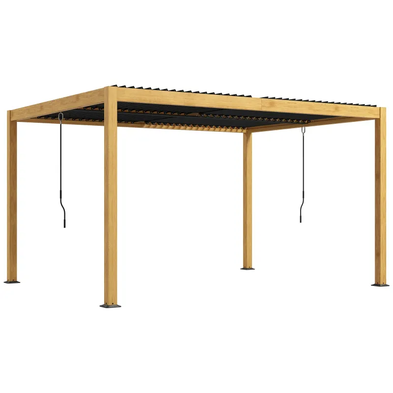 Bioklimatische Pergola 3 x 4 m mit verstellbaren Lamellen | Aluminium Schwarz/Holzoptik, Entwässerung