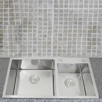 Estahl Doppelspüle | Einbauspüle mit Satin-Finish, 1 mm stark,. Stöpsel, Sieb & Ablaufset