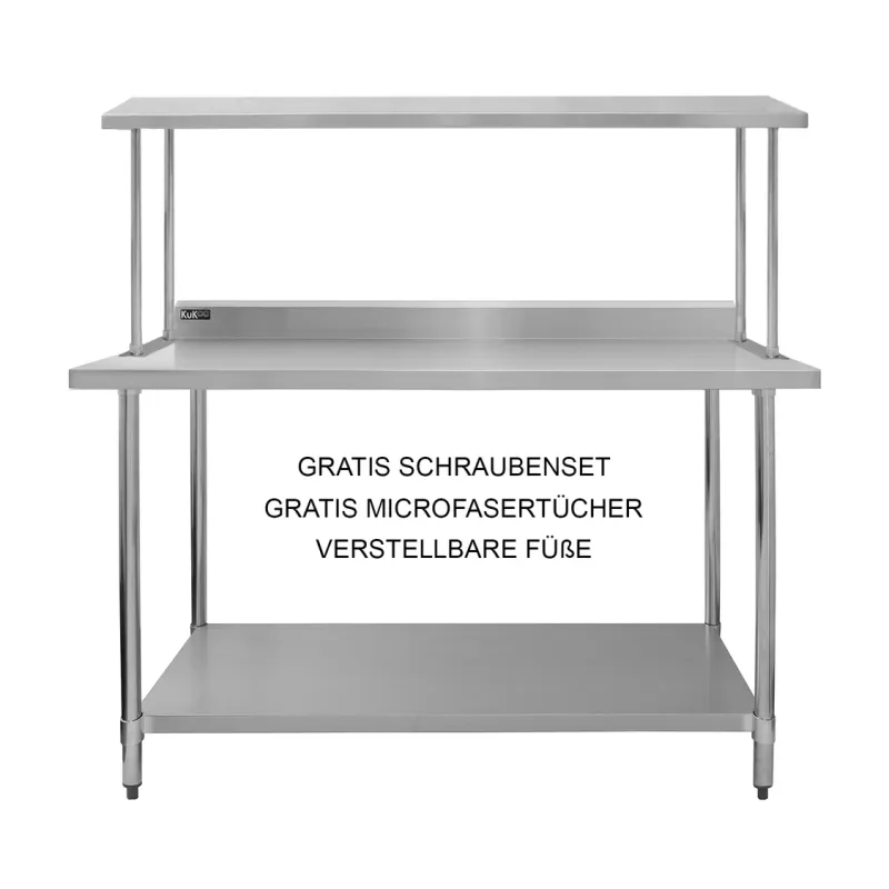 Gastronomie Arbeitstisch mit Wandregal aus Edelstahl 150 cm | 350 kg Gesamttraglast, höhenverstellbar