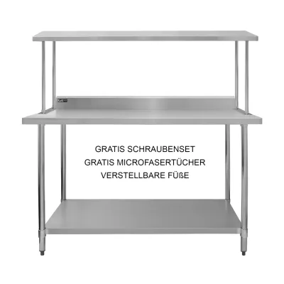 Gastronomie Arbeitstisch mit Wandregal aus Edelstahl 150 cm | 350 kg Gesamttraglast, höhenverstellbar