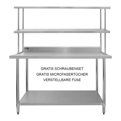 Gastronomie Arbeitstisch mit Doppelregal aus Edelstahl 150 cm | 450 kg Gesamttraglast, höhenverstellbar