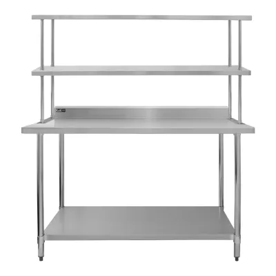 Gastronomie Arbeitstisch mit Doppelregal aus Edelstahl 150 cm | 450 kg Gesamttraglast, höhenverstellbar