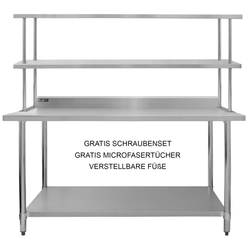 Gastronomie Arbeitstisch mit Doppelregal aus Edelstahl 180 cm | 450 kg Gesamttraglast, höhenverstellbar