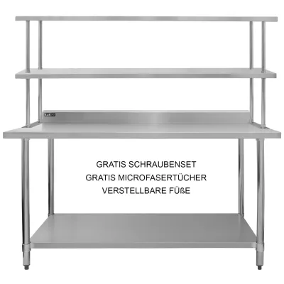 Gastronomie Arbeitstisch mit Doppelregal aus Edelstahl 180 cm | 450 kg Gesamttraglast, höhenverstellbar