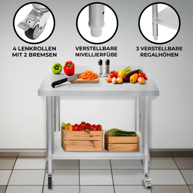 Edelstahl Arbeitstisch 76 x 90 x 86 cm | 160 kg Traglast, Unterregal, Rollen &amp; Nivellierfüsse