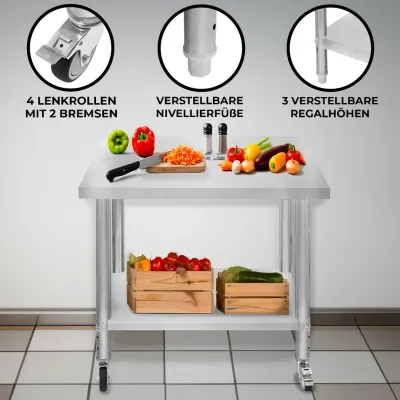 Edelstahl Arbeitstisch 76 x 90 x 86 cm | 160 kg Traglast, Unterregal, Rollen & Nivellierfüsse