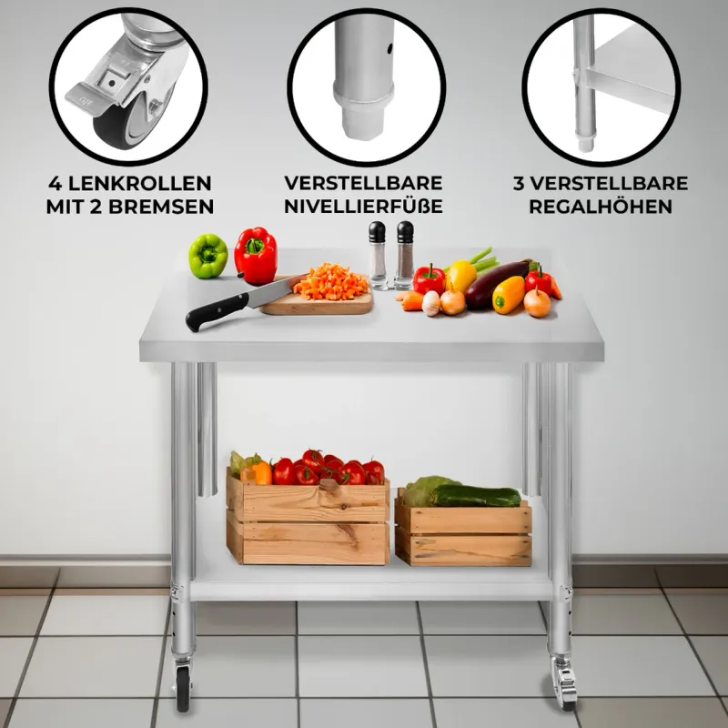 Edelstahl Arbeitstisch 60 x 90 x 86 cm | 160 kg Traglast, Unterregal, Rollen &amp; Nivellierfüsse
