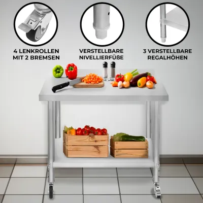 Edelstahl Arbeitstisch 60 x 90 x 86 cm | 160 kg Traglast, Unterregal, Rollen & Nivellierfüsse