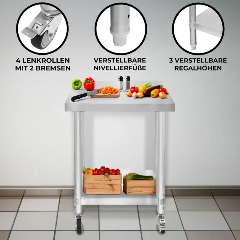 Edelstahl Arbeitstisch 60 x 45 x 86 cm | 160 kg Traglast, Unterregal, Rollen &amp; Nivellierfüsse