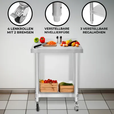 Edelstahl Arbeitstisch 60 x 45 x 86 cm | 160 kg Traglast, Unterregal, Rollen &amp; Nivellierfüsse