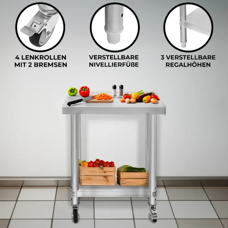 Edelstahl Arbeitstisch 60 x 30 x 80 cm | 160 kg Traglast, Unterregal, Rollen &amp; Nivellierfüsse