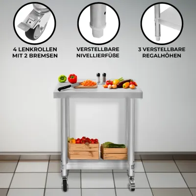 Edelstahl Arbeitstisch 60 x 30 x 80 cm | 160 kg Traglast, Unterregal, Rollen & Nivellierfüsse