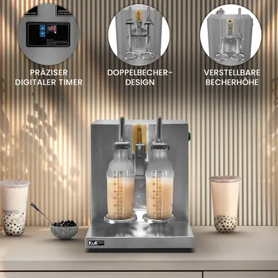 Automatischer Bubble‑Tea Shaker, Doppelkopf | 400 U/min, Timer 6–120 s, Edelstahl, inkl. 2x 700 ml Shaker