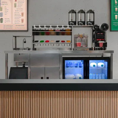 Bubble Tea Station – Ultimatives Komplett‑Paket | Arbeitsstation aus Edelstahl, Kühlschrank, Eisbereiter, Shaker & Versiegeler