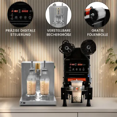 Vollautomatische Bechersiegelmaschine + Bubble‑Tea Shaker | 500–650 Becher/Std, Doppelbecher, Edelstahl