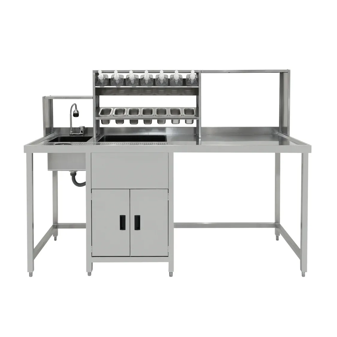 Bubble Tea Vorbereitungsstation aus Edelstahl | Spülbecken, 65 l Eisbrunnen, 7 GN‑Behälter &amp; 7 Sirup‑Pumpen