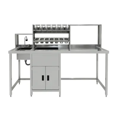 Bubble Tea Vorbereitungsstation aus Edelstahl | Spülbecken, 65 l Eisbrunnen, 7 GN‑Behälter &amp; 7 Sirup‑Pumpen