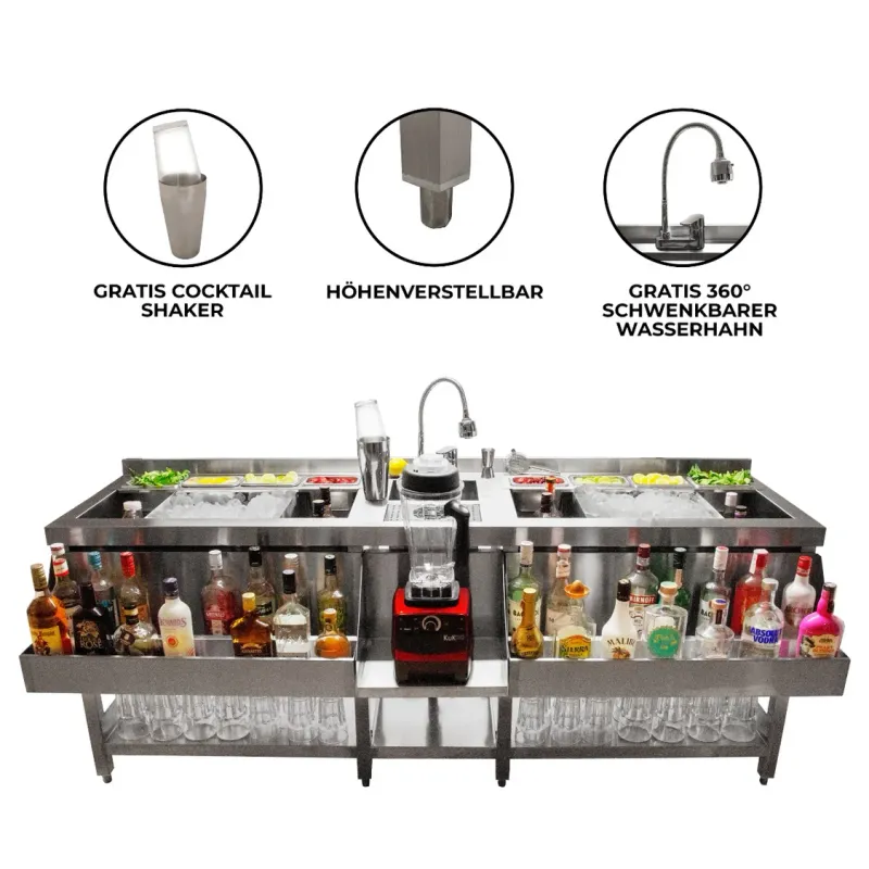 Doppel-Cocktailstation aus Edelstahl #304 | Eisbehälter, Glasspüler, 360° Mischbatterie, 8 Behälter