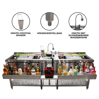 Doppel-Cocktailstation aus Edelstahl #304 | Eisbehälter, Glasspüler, 360° Mischbatterie, 8 Behälter