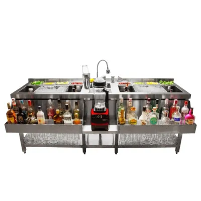 Doppel-Cocktailstation aus Edelstahl #304 | Eisbehälter, Glasspüler, 360° Mischbatterie, 8 Behälter