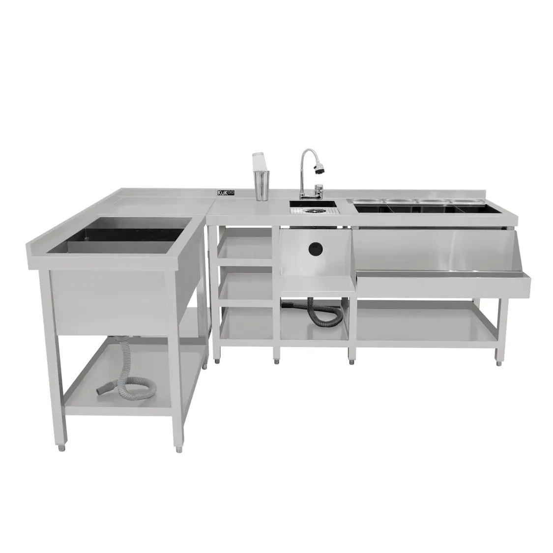Deluxe Cocktail‑Bar‑Station Set | Edelstahl #304, Eisbrunnen, Eckmodul, 3‑Stufen Regal, 360° Armatur