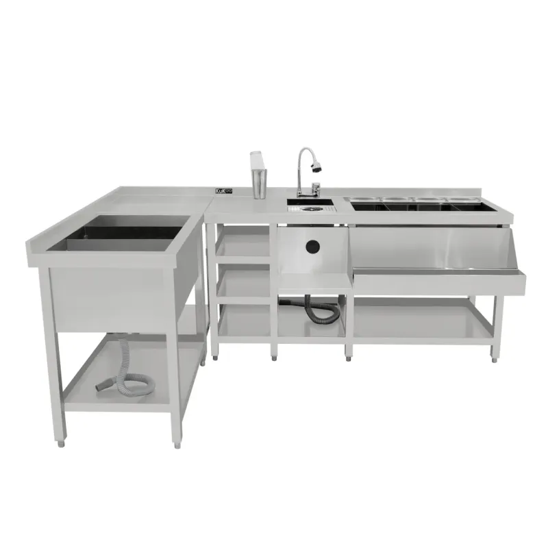 Deluxe Cocktail‑Bar‑Station Set | Edelstahl #304, Eisbrunnen, Eckmodul, 3‑Stufen Regal, 360° Armatur