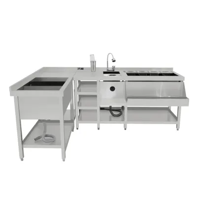 Deluxe Cocktail‑Bar‑Station Set | Edelstahl #304, Eisbrunnen, Eckmodul, 3‑Stufen Regal, 360° Armatur