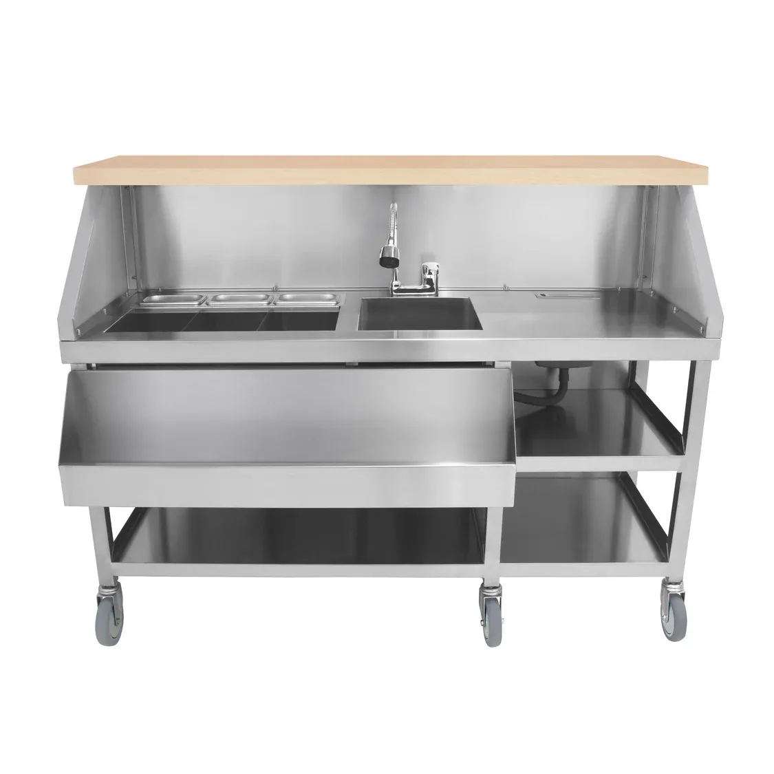 Mobile Cocktailbar‑Station aus Edelstahl #304 | 62 l Eisfach, Spülbecken, 6 Rollen, Speedrail, Holzoptik