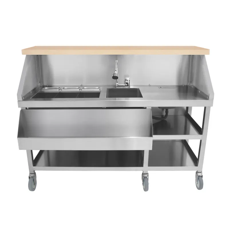Mobile Cocktailbar‑Station aus Edelstahl #304 | 62 l Eisfach, Spülbecken, 6 Rollen, Speedrail, Holzoptik