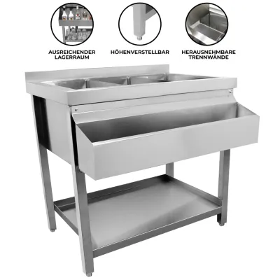 Gastro Cocktail Station aus Edelstahl 304 | 3 Eisbehälter, Speedrail, Unterregal, 100 mm Spritzschutz