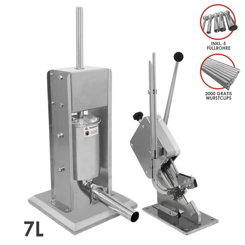 7 l Wurstfüller + Wurstclipper Set | Edelstahl #304, manuell, inkl. 5 Trichter &amp; 2000 Aluminiumclips