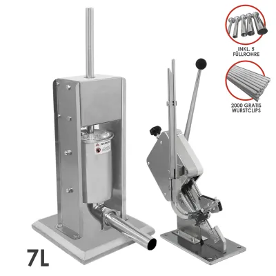 7 l Wurstfüller + Wurstclipper Set | Edelstahl #304, manuell, inkl. 5 Trichter & 2000 Aluminiumclips