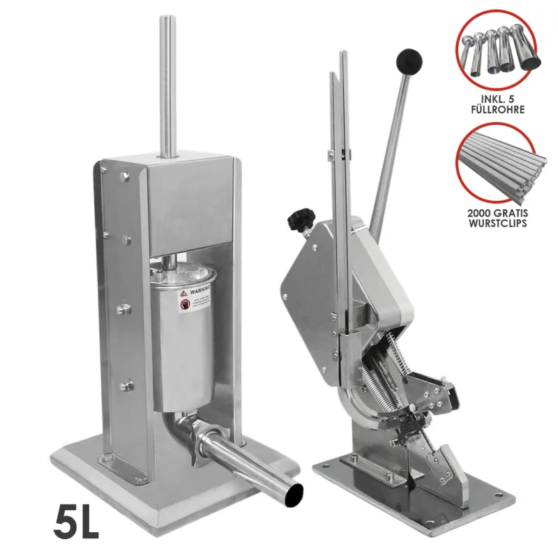 5 l Wurstfüller + Wurstclipper Set | Edelstahl, manuell, inkl. 5 Trichter &amp; 2000 Aluminiumclips