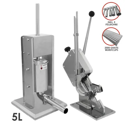 5 l Wurstfüller + Wurstclipper Set | Edelstahl, manuell, inkl. 5 Trichter &amp; 2000 Aluminiumclips