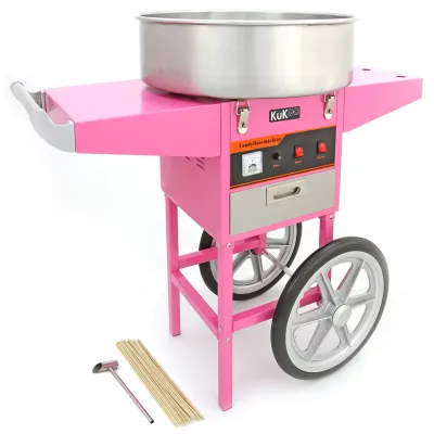 Rosa Zuckerwattemaschine mit Wagen | 50 cm Edelstahlschüssel, einfache Bedienung, inkl. 500 Stäbchen