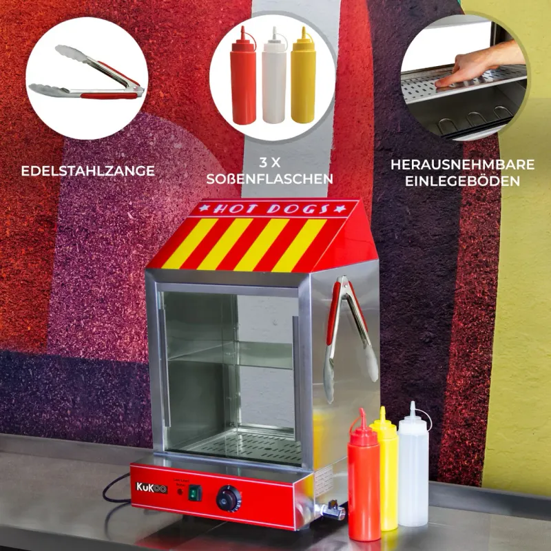 Gastro Hot-Dog-Wärmer | 100 Würste/30 Brötchen, 2000 W, Edelstahl, Thermostat, Glas-Schiebetüren