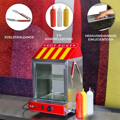 Gastro Hot-Dog-Wärmer | 100 Würste/30 Brötchen, 2000 W, Edelstahl, Thermostat, Glas-Schiebetüren