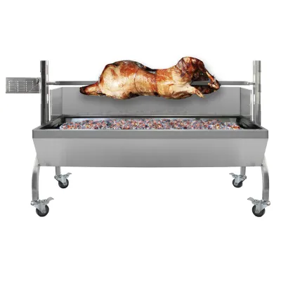 Grillwagen mit Drehspiess | Spanferkelgrill/Rotisserie bis 90 kg, Holzkohle, Edelstahl, inkl. Dreiecksgrill