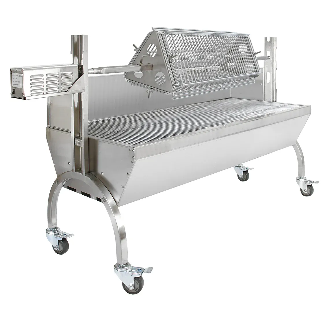 Grillwagen mit Drehspiess | Spanferkelgrill/Rotisserie bis 90 kg, Holzkohle, Edelstahl, inkl. Dreiecksgrill