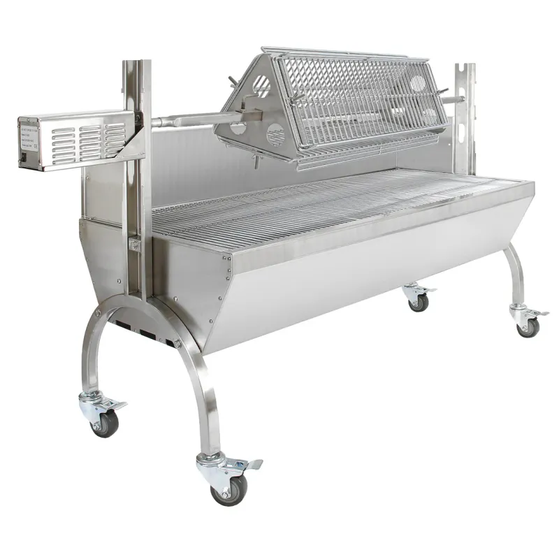Grillwagen mit Drehspiess | Spanferkelgrill/Rotisserie bis 90 kg, Holzkohle, Edelstahl, inkl. Dreiecksgrill