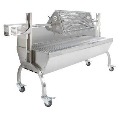 Grillwagen mit Drehspiess | Spanferkelgrill/Rotisserie bis 90 kg, Holzkohle, Edelstahl, inkl. Dreiecksgrill
