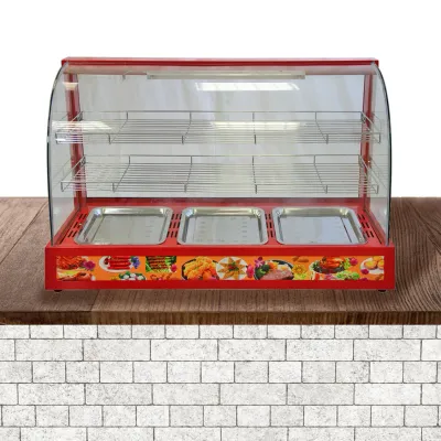 Elektrische beheizte Vitrine – 2 Etagen, 90cm, rot, Buffetwärmer mit Glasschiebetüren