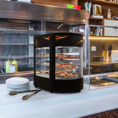 Speisenwärmer Pizza Vitrine – schwarz, 500W, 30–85°C, 3 Böden, Glas