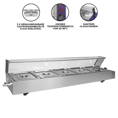 Bain‑Marie Speisenwärmer Wasserbad – 5x GN, 5,5 L, 1.5kW, 30–85 °C, Edelstahl