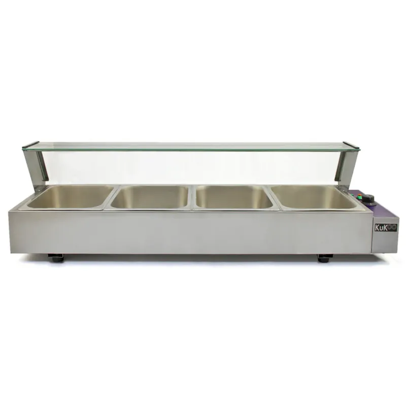 Edelstahl Gastro 4 GN Bain Marie – 1.5kW, 30–85°C, Glasschutz, 120x35x35.7cm