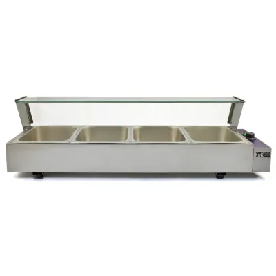 Edelstahl Gastro 4 GN Bain Marie – 1.5kW, 30–85°C, Glasschutz, 120x35x35.7cm