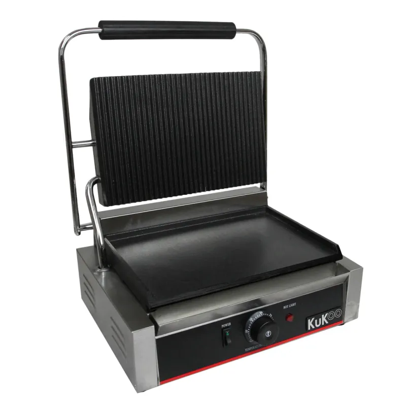 Paninigrill Elektrogrill Paninitoaster 1/2 glatt 1/2 gerillt – 2200W, 50–300 °C, Gusseisen, 43x31x21,5 cm