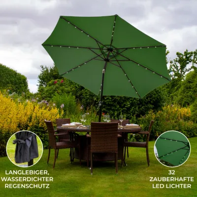 2.7m Sonnenschirm grün mit LED & Kippfunktion – Kurbel, 32 LEDs