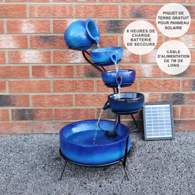 Solar Gartenbunnen Kaskadenbrunnen mit Akku – Blau, Harz, 56x44x50cm, 7m Kabel